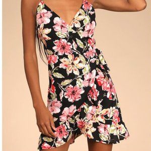 Lulus Florals for Spring Black Floral Print Ruffled Wrap Mini Dress